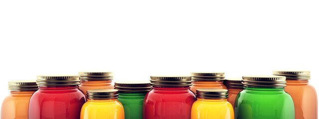 Glass jars of jam with golden lids on a white background. 3d render