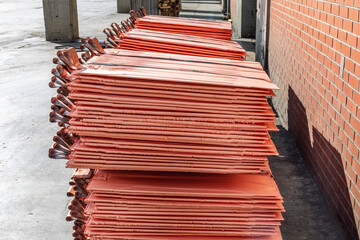 View of the copper ingots or copper cathodes as plate in the manufacture plant. American elements...