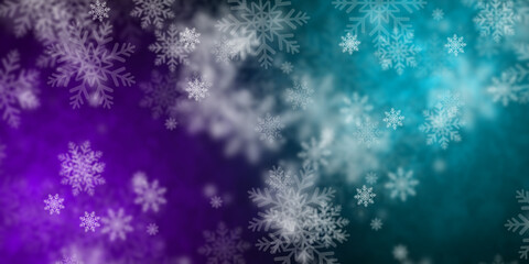 Fototapeta na wymiar Abstract purple and light blue background with flying snowflakes