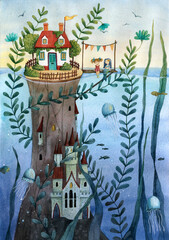 Friendship beetween little girl and little mermaid. Houses near water and underwater. Hand drawn watercolor illustration.