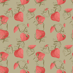 Kawaii strawberry berries with leaves. Textural digital art seamless square pattern on a green background. Print for fabric, wrapping paper, textile, packaging, postcard, invitation, menu, stationery