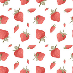 Kawaii strawberry berries with leaves. Textural digital art seamless square pattern on a white background. Print for fabric, wrapping paper, textile, packaging, postcard, invitation, menu, stationery
