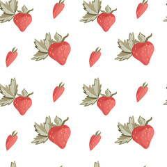Kawaii strawberry berries with leaves. Textural digital art seamless square pattern on a white background. Print for fabric, wrapping paper, textile, packaging, postcard, invitation, menu, stationery