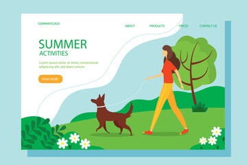 Woman walking with the dog in the Park. The concept of an active lifestyle, outdoor recreation. Cute summer illustration in flat style.
