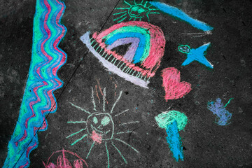 Children chalk drawing on street for summer vacation sun rainbow for covid-19 cancelled holidays...