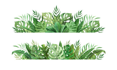 Watercolor hand painted tropical frame with leaves and plants. Green jungle foliage wreath perfect for summer wedding invitation and party card making