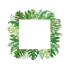 Watercolor hand painted tropical frame with leaves and plants. Green jungle foliage wreath perfect for summer wedding invitation and party card making