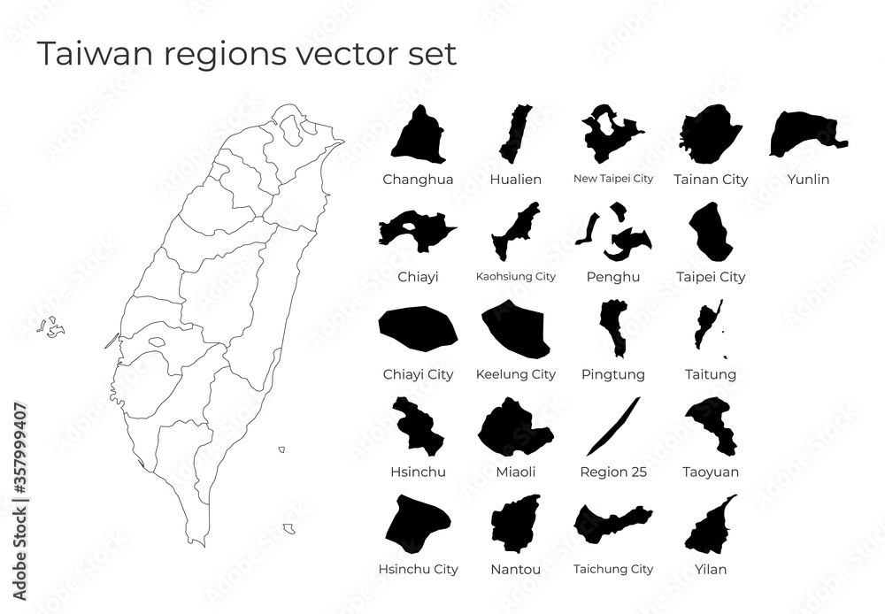 Poster taiwan map with shapes of regions. blank vector map of the country with regions. borders of the coun