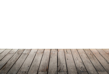 Wood table top isolated on white background. Brown wooden desk empty counter. Copy space for text and ideal for product placement.