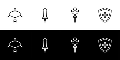 Game character job or class icon set. Flat design icon collection isolated on black and white background. Archer, sword, wand, and shield. Hunter, fighter, mage, and tanker.