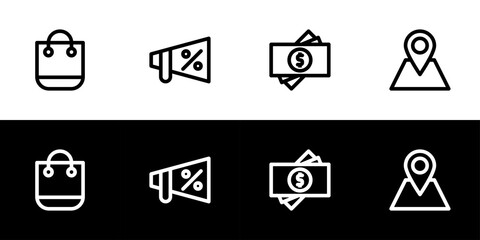 Marketing mix concept icon set. Flat design icon collection isolated on black and white background. Product, promotion, price, and place.