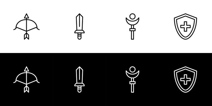 Game character job or class icon set. Flat design icon collection isolated on black and white background. Archer, sword, wand, and shield. Hunter, fighter, mage, and tanker.