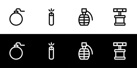 Bomb icon set. Flat design icon collection isolated on black and white background. Circle bomb, dynamite, grenade, and detonator.