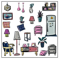 Vector set of isolated images of furniture and household items on a white background. All items can be used separately. Refrigerator, lamps, chandeliers, floor lamp, chests of drawers, cabinet, shelf.