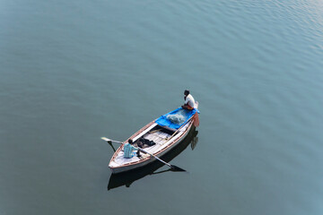 Top view of boats are being sailed on the river ganges of Varanasi. Indian lifestyle, travel and tourism