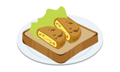 お皿に盛られたコロッケとレタスのトースト