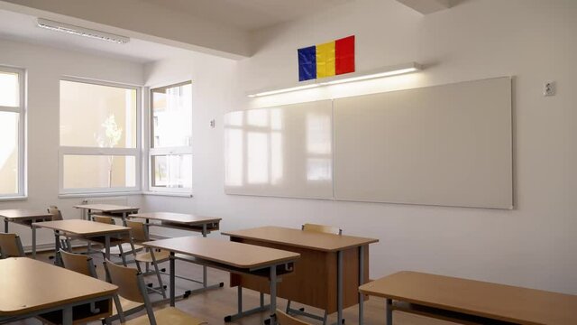 Empty Romanian Class Room White Board Sunny Day