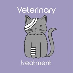 Vector flat line colored icon grey cartoon cat with white veterinarian bandage on purple background
