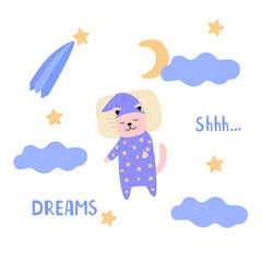 Cute cat in his pajamas sleeping and dreaming. Clouds, moon and stars, delicate baby colors. Cartoon vector illustration.