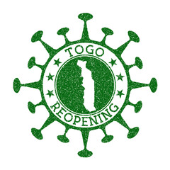 Togo reopening stamp. Green round badge of country with map of Togo. Country opening after lockdown. Vector illustration.