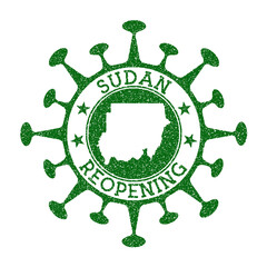 Sudan reopening stamp. Green round badge of country with map of Sudan. Country opening after lockdown. Vector illustration.