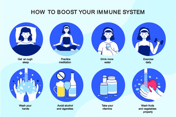 Immune system vector protection. Health bacteria virus protection. Medical prevention human boosters. Healthy woman reflect bacteria attack. Boost Immunity with medicine concept illustration