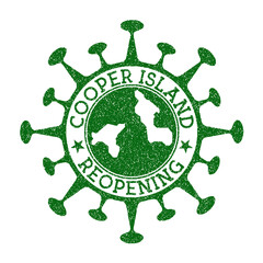 Cooper Island Reopening Stamp. Green round badge of island with map of Cooper Island. Island opening after lockdown. Vector illustration.