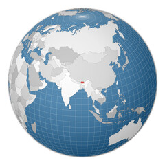 Globe centered to Bhutan. Country highlighted with green color on world map. Satellite world projection. Amazing vector illustration.