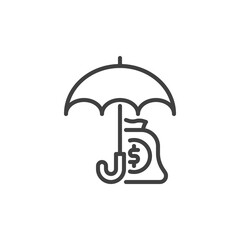 Finance insurance line icon. Money bag and umbrella linear style sign for mobile concept and web design. Money savings insurance outline vector icon. Symbol, logo illustration. Vector graphics