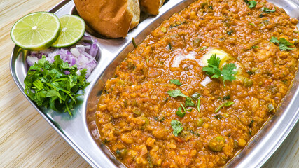 Yummy Indian Street Food - Pav Bhaji in a steel plate