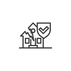 Home insurance line icon. linear style sign for mobile concept and web design. Broken house and protection shield outline vector icon. Symbol, logo illustration. Vector graphics
