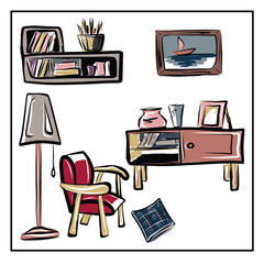 Vector set of isolated images of furniture and household items on a white background. All items can be used separately. Refrigerator, lamps, chandeliers, floor lamp, chests of drawers, cabinet, shelf.