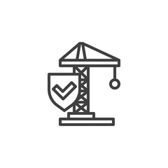 Construction insurance line icon. linear style sign for mobile concept and web design. Construction crane and protection shield outline vector icon. Symbol, logo illustration. Vector graphics