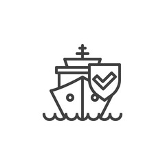 Cargo shipping insurance line icon. linear style sign for mobile concept and web design. Ship and protection shield outline vector icon. Symbol, logo illustration. Vector graphics