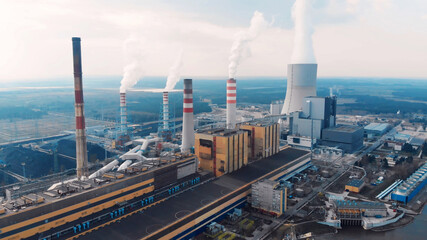 Air Pollution Concept. Power Plant With Smoke From Chimneys. Drone Aerial Kozienice power plant -...
