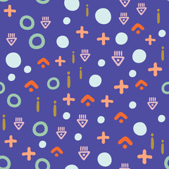 Abstract multicolored symbols on blue background. Vector seamless pattern with geometric elements and signs. Hand drawn backdrop for textile, wrapping paper, flat design.