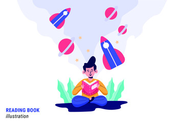 Boy Reading Books. Happy Characters Weekend Sparetime at Home Isolated on White Background. Male Characters Spending Time Relaxing and Read Literature Cartoon Flat Vector Illustration