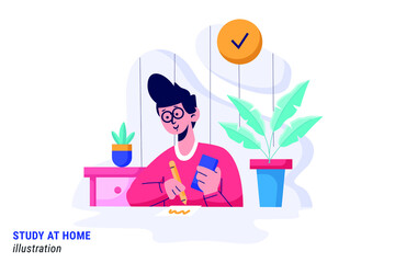 Kids characters boy learn remotely from home. Online distance education .  Isolation at home during the Coronavirus epidemic