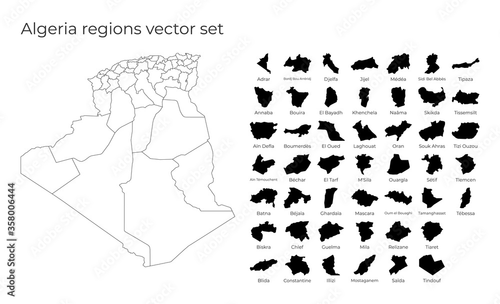 Poster algeria map with shapes of regions. blank vector map of the country with regions. borders of the cou