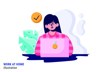 Freelancer working on laptop . Home office. Remote worker, employee schedule, flexible schedule concept. vector isolated illustration 