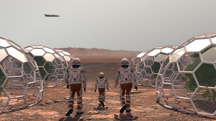 Family colonists immigrants to Mars, a man, a woman and a child admire the Martian landscape, the city and spaceship. Exploring mission to mars. Elements of this video furnished by NASA. 3d rendering