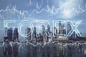 Obraz na płótnie Canvas Forex chart on cityscape with tall buildings background multi exposure. Financial research concept.