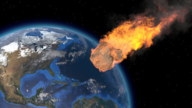 Asteroid Impact on Earth. Asteroid, comet, meteorite glows, enters the earth's atmosphere. 3d rendering. Meteor Rain. Kameta tail. End of the world. Elements of this image furnished by NASA.