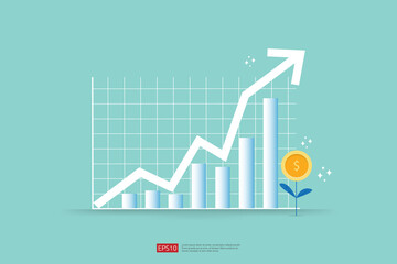 Increase profit sales diagram. business chart growth in flat style design. increasing graph investment revenue with line arrow vector illustration concept to success - obrazy, fototapety, plakaty