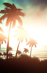 Obraz na płótnie Canvas Empty tropical background of night sea beach. Silhouettes of tropical palm trees on a background of bright sunset. 3d illustration