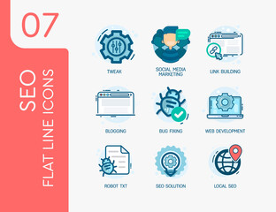 SEO. Set 7. Vector modern flat line design illustration icons