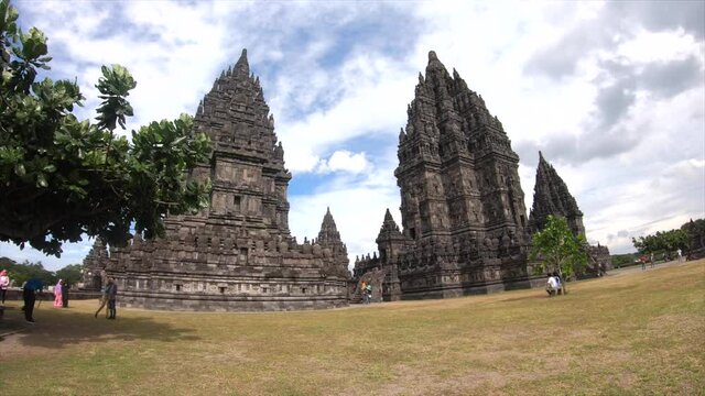 Yogyakarta Indonesia June 18 2020 : Prambanan temple is a Hindu temple compound included in world heritage list in the night. Monumental ancient architecture, carved stone walls.