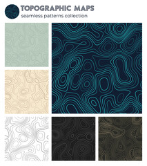 Topographic maps. Appealing isoline patterns, seamless design. Radiant tileable background. Vector illustration.