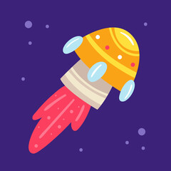 Drone launch, rocket, satellite. Space vector hand drawn flat illustration, element, sticker, icon. Isolated on dark background. Cosmos galaxy, science sify. Technology Explore, discover. Alien ship.