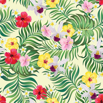 Tropical vector seamless background. Jungle pattern with exotic flowers, and palm leaves. Stock vector. Jungle vector vintage wallpaper